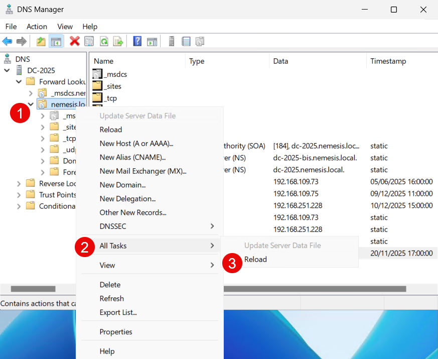 DNS Manager MMC showing the manual 'Reload' task used to refresh the zone and clear expired records